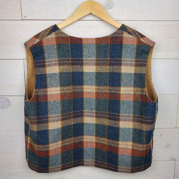 Vintage Neutral tan blue Plaid open front Vest jacket fall Unisex size large - Picture 2 of 14